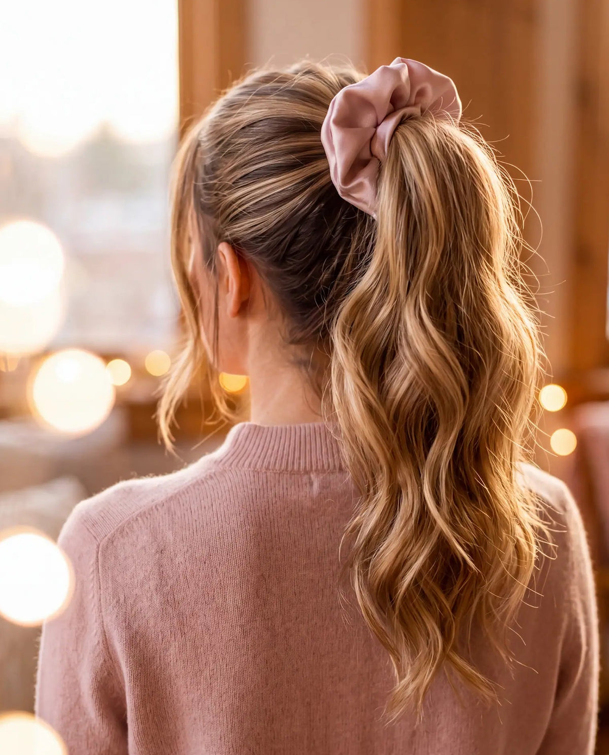 chouchou satin rose poudré sur femme blonde avec cheveux ondulés