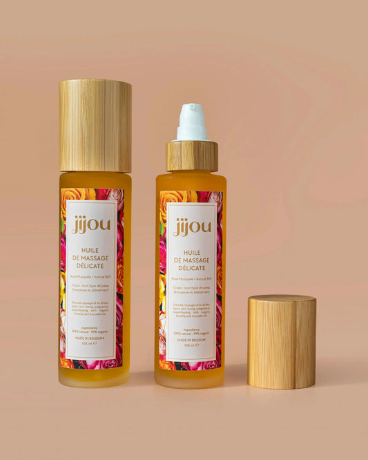 Huile de Massage Délicate naturel et bio JIJOU - réparatrice, nourrissante, apaisante, relaxante, cicatrisante, anti-vergetures - grossesse enceinte - pour adulte couple bébé femme enceinte
