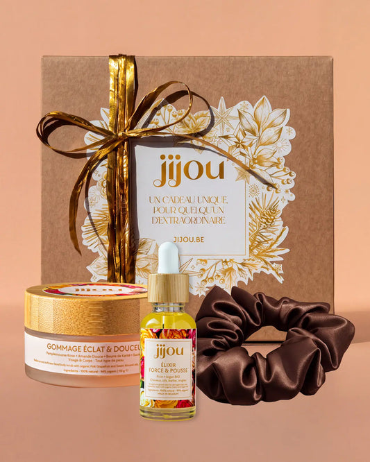Coffret cadeau Corps et Cheveux Jijou avec : Gommage Éclat et Douceur Jijou pour le visage et le corps, Élixir Force et Pousse Jijou dans un coffret cadeau de soins, Chouchou en satin et soins beauté dans un coffret cadeau belge