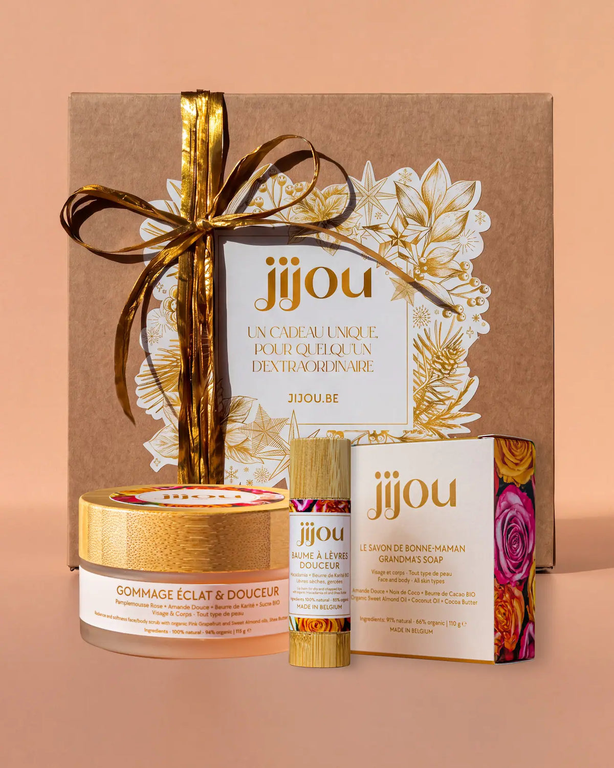 Coffret cadeau visage et corps Douceur et Éclat avec trois soins naturels Jijou : Savon de Bonne-Maman, gommage Éclat et Douceur dans un coffret beauté, Baume à lèvres Douceur naturel pour compléter un rituel beauté