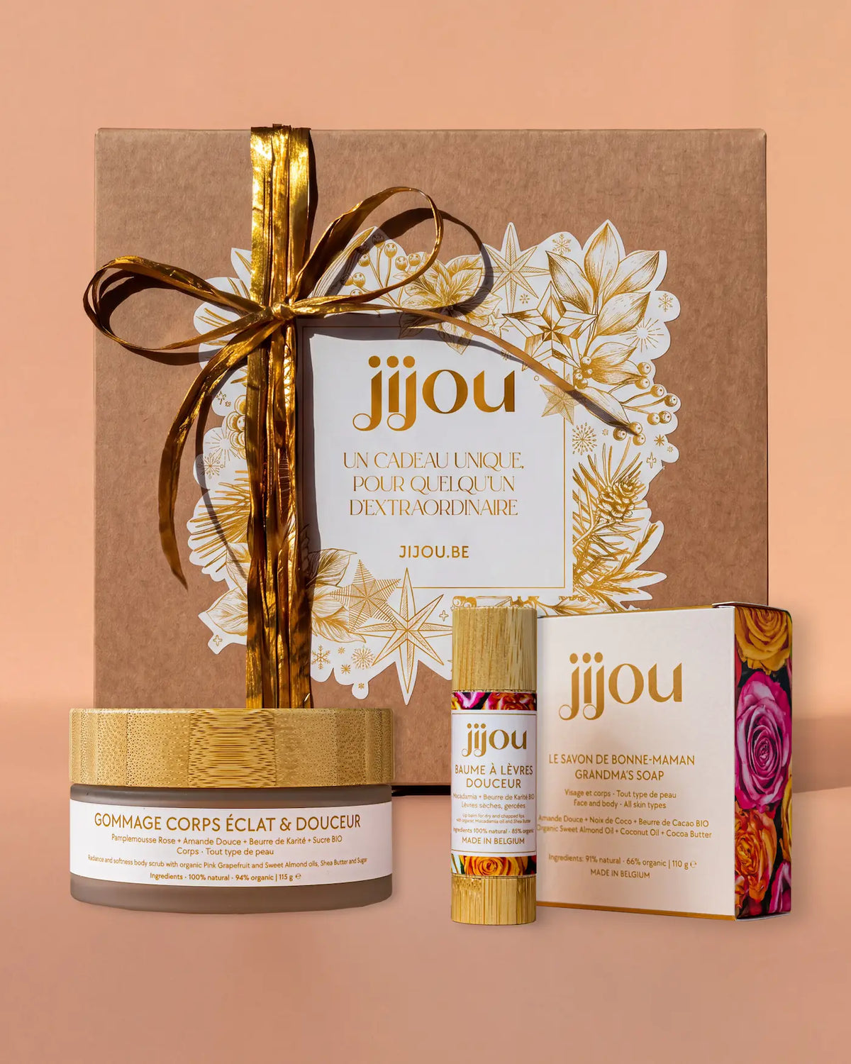 Coffret cadeau Noël Visage & Corps Douceur & Éclat : Savon + Gommage + Baume à lèvres JIJOU®