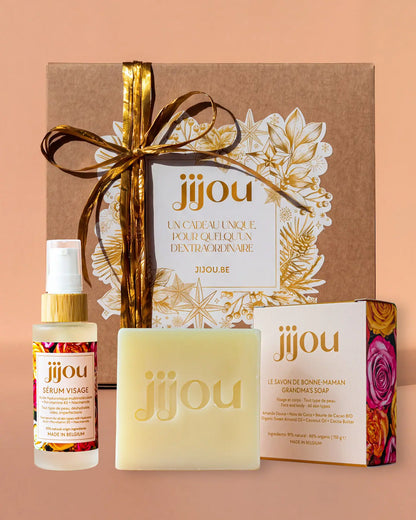 Coffret cadeau Visage Repulpant Jijou avec : Savon de Bonne-Maman Jijou pour le nettoyage du visage et du corps et Sérum Visage Jijou à l’acide hyaluronique à la niacinamide et à la provitamine B5