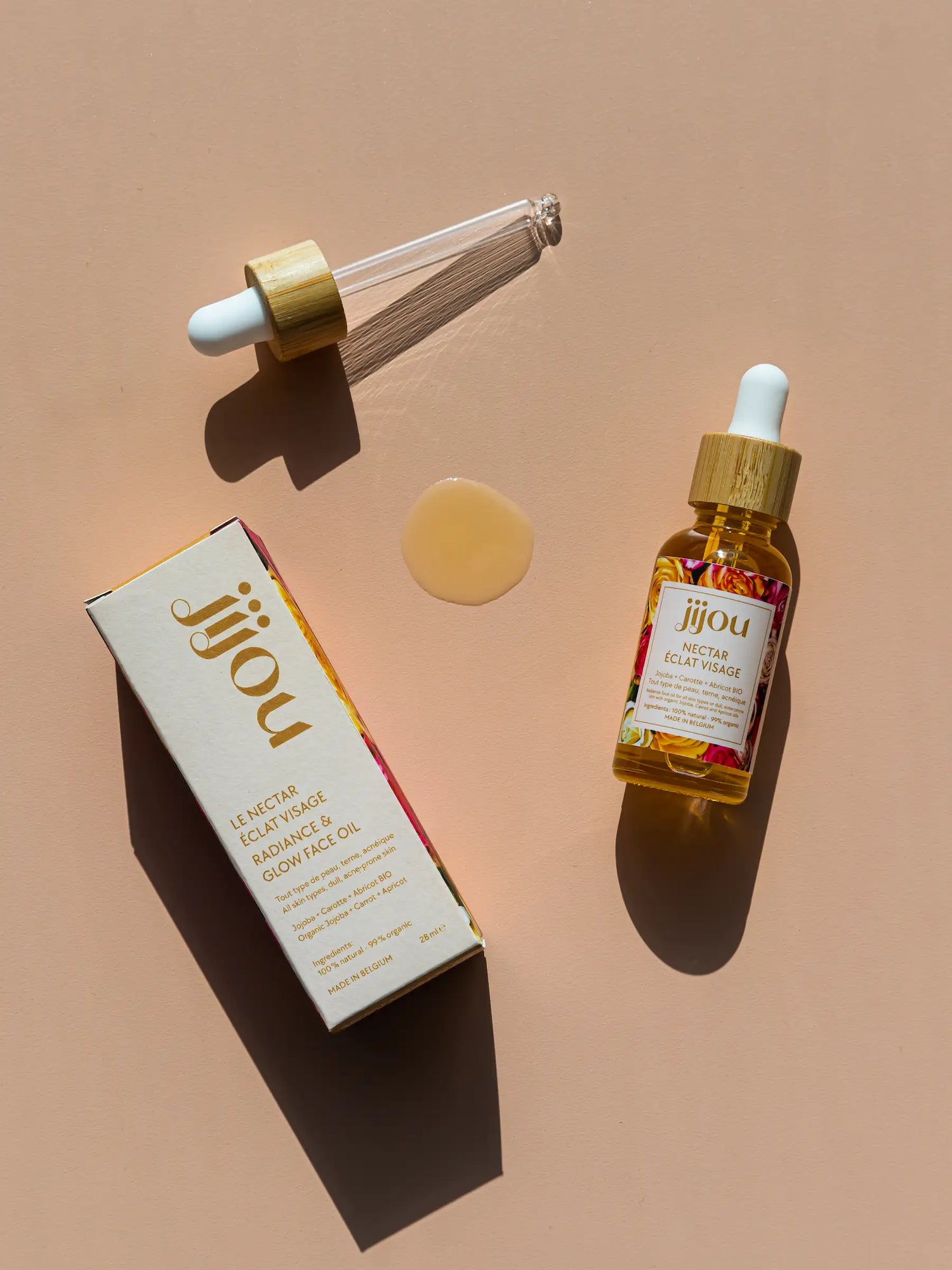 Sérum Huile Visage Naturel & Bio anti-acné, anti-boutons peau grasse/mixte : Nectar Éclat Visage JIJOU juliette. Natural Cosmetics : équilibre et pureté, bonne mine, cosmétiques naturels belges