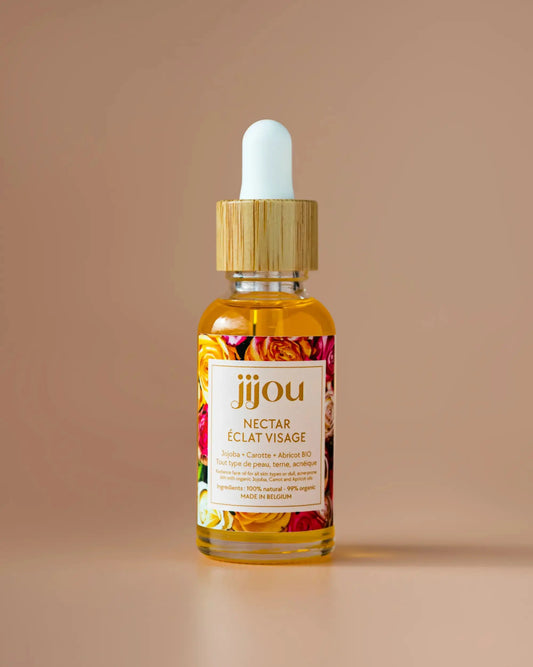 Huile Visage Naturelle & Bio anti-acné, anti-boutons peau grasse/mixte ou terne : Nectar Éclat Visage JIJOU : équilibre et pureté, bonne mine, cosmétiques naturels belges