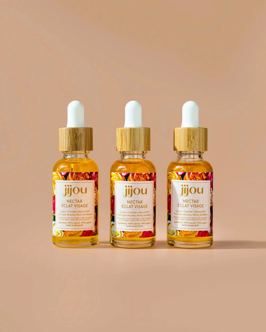 Huile Visage Naturelle & Bio anti-acné, anti-boutons peau grasse/mixte ou terne : Nectar Éclat Visage JIJOU : équilibre et pureté, bonne mine, cosmétiques naturels belges