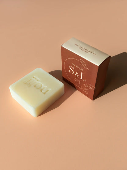 Idée cadeau personnalisé invités mariage : Savon personnalisé JIJOU® Belgique France Luxembourg terracotta beige